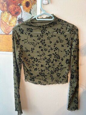 SHEIN Olive Green Floral Mesh Crop Top Long Sleeve Mock Neck Lettuce Hem Y2K